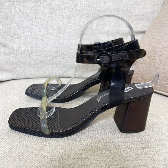 Free People 7.5 Black Sandal Square Toe Heels Strappy Jelly Block Snakeskin - Picture 1 of 14